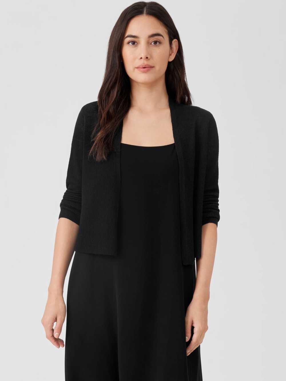 Eileen Fisher Black Open Front Cardigan Viscose Knit Minimalist Quiet Luxury